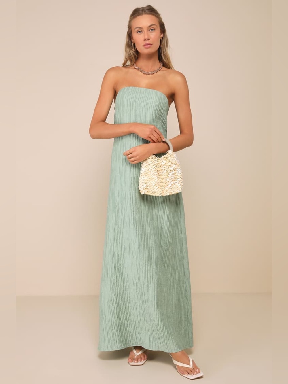 NEW Lulus Radiant Season Sage Green Plisse Cutout Strapless Maxi Dress